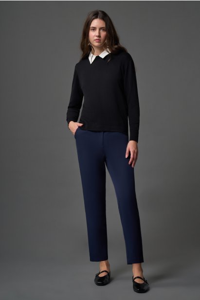 Mizalle Tek Pile Basic Beli Lastikli Günlük Lacivert Kumaş Pantolon - Mizalle