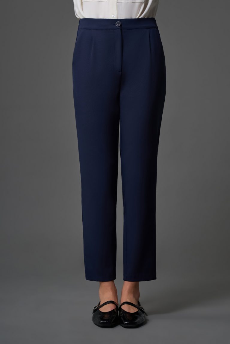 Mizalle Tek Pile Basic Beli Lastikli Günlük Lacivert Kumaş Pantolon - Mizalle