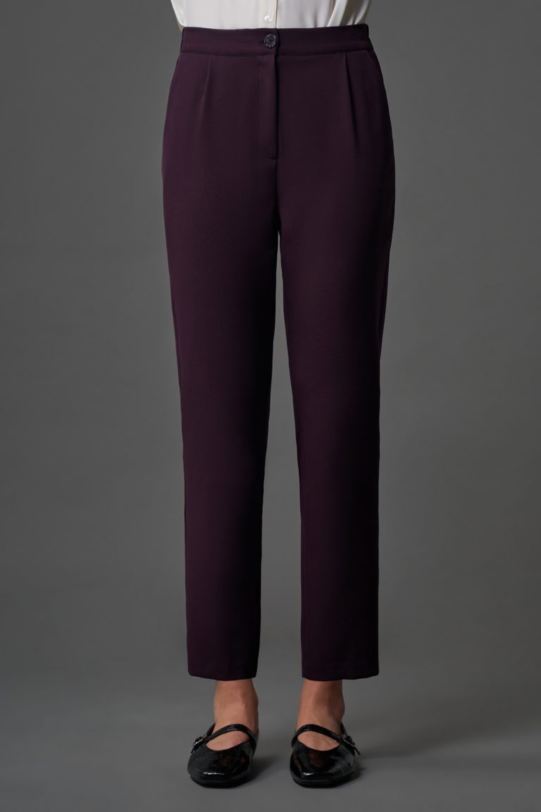 Mizalle Tek Pile Basic Beli Lastikli Günlük Mürdüm Kumaş Pantolon - Mizalle