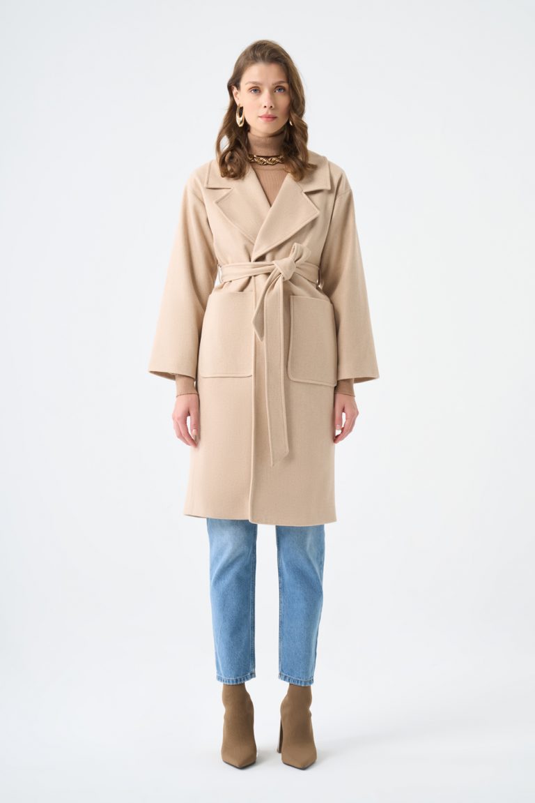 Mizalle Torba Cepli Basıc Kaşe Dokulu Bej Rengi Kaban - Mizalle