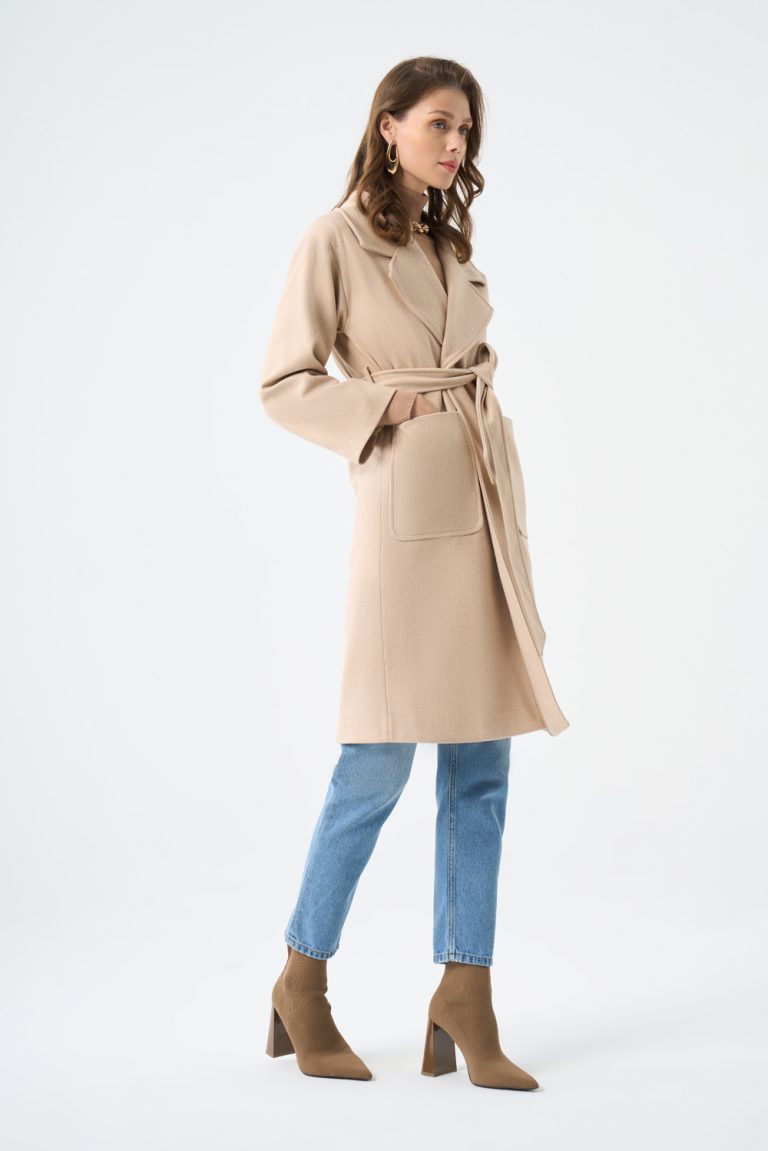 Mizalle Torba Cepli Basıc Kaşe Dokulu Bej Rengi Kaban - Mizalle