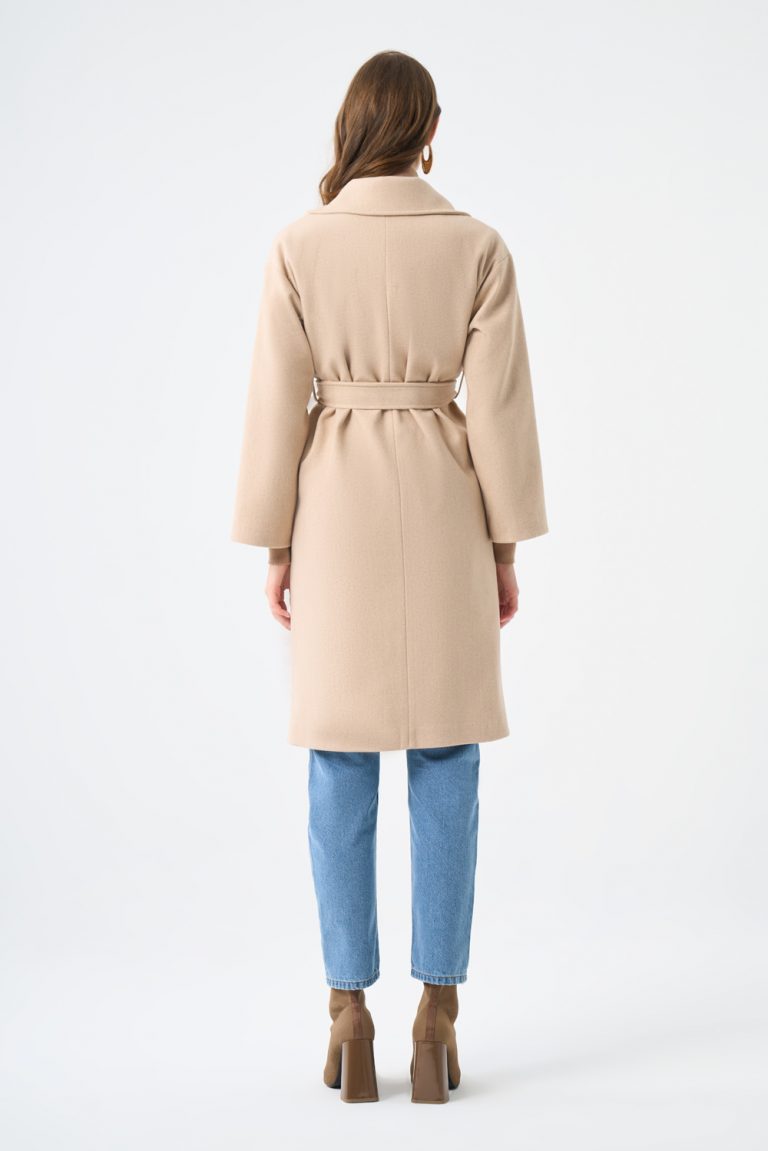 Mizalle Torba Cepli Basıc Kaşe Dokulu Bej Rengi Kaban - Mizalle