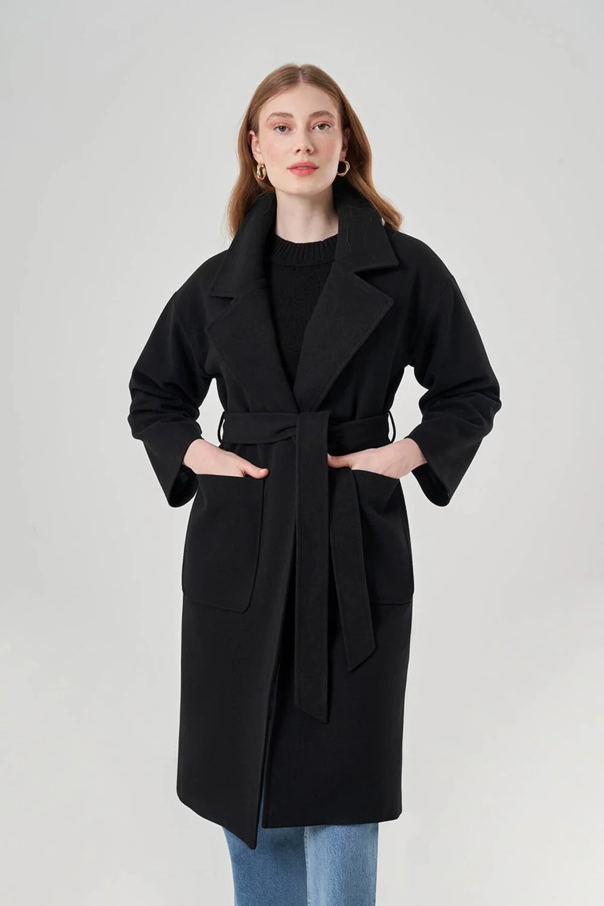 Mizalle Torba Cepli Basıc Kaşe Dokulu Siyah Kaban - 1