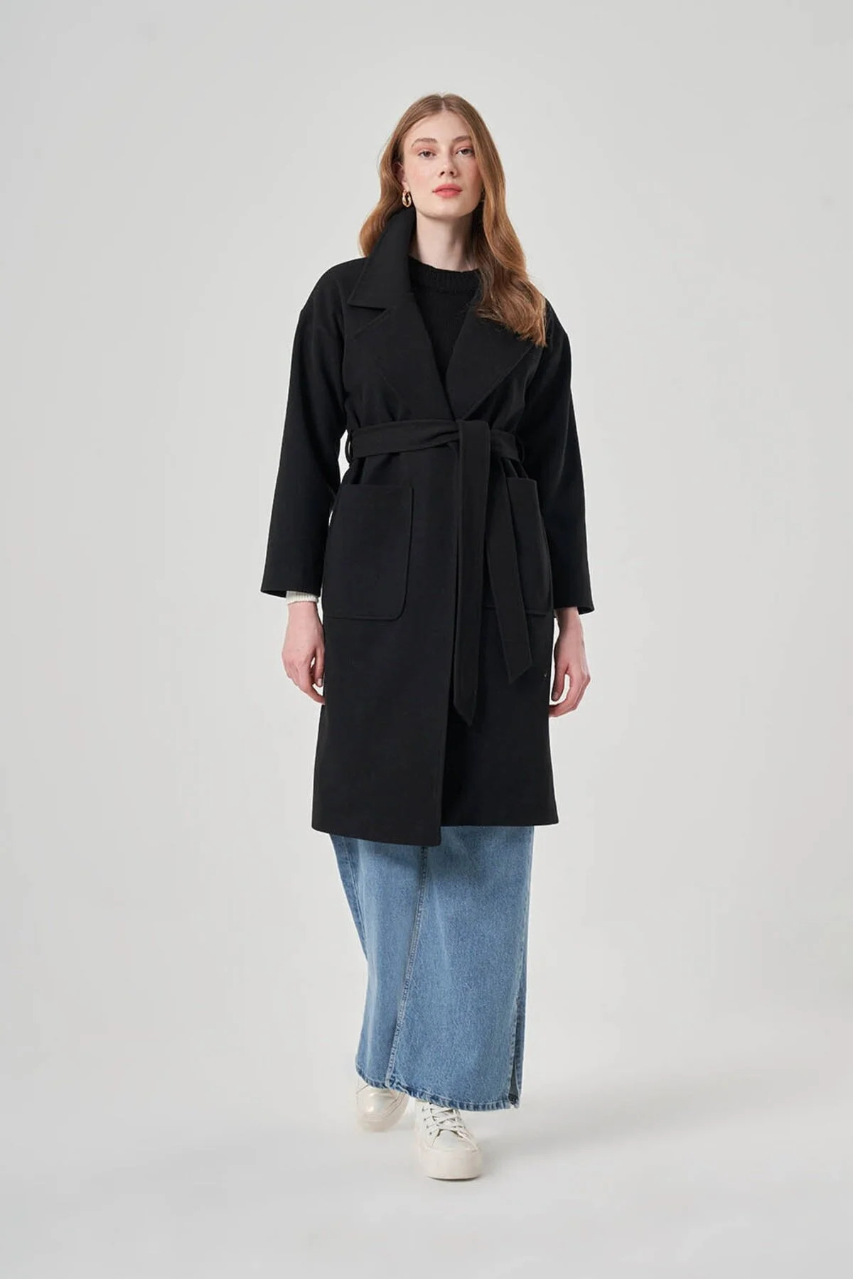 Mizalle Torba Cepli Basıc Kaşe Dokulu Siyah Kaban - Mizalle