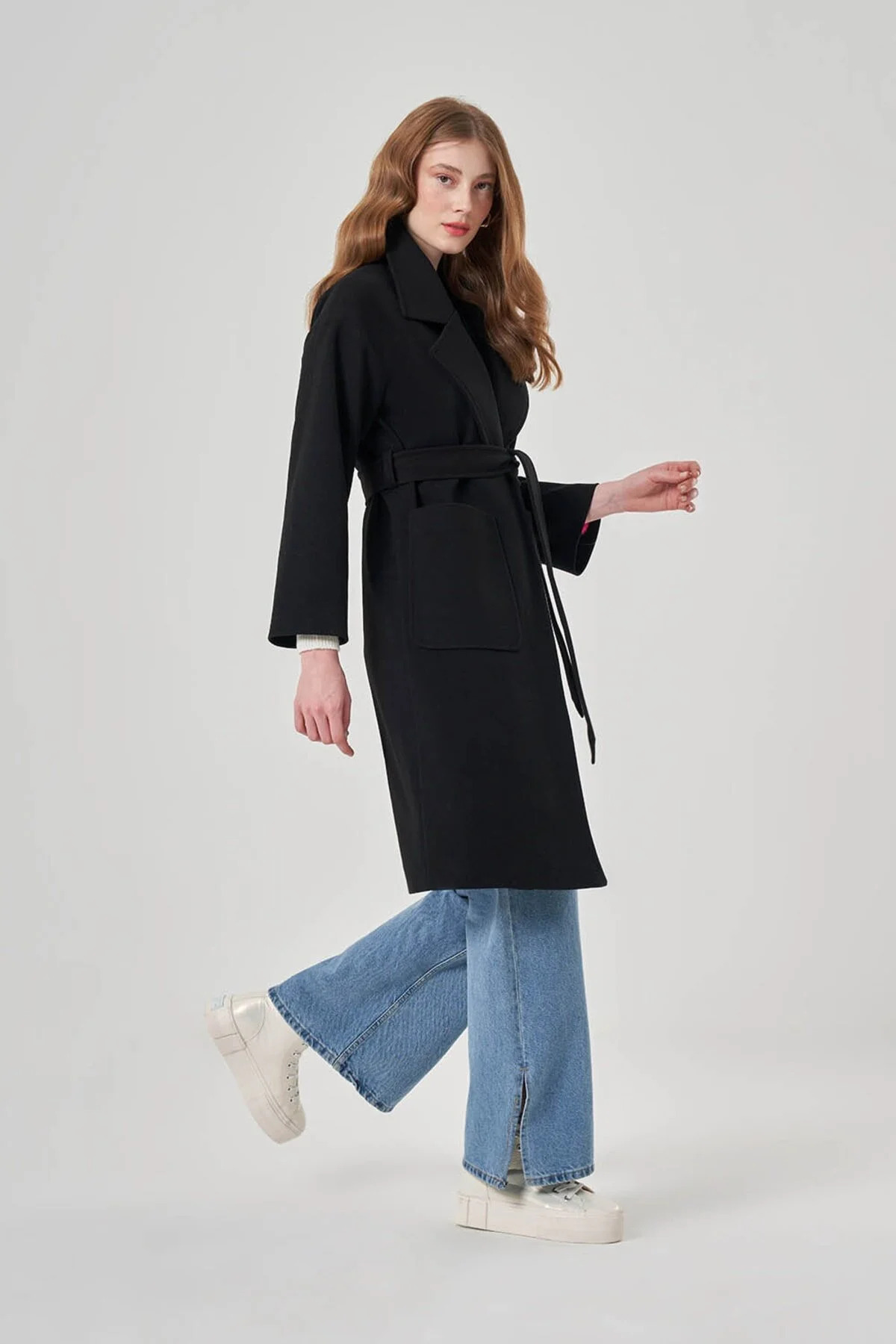 Mizalle Torba Cepli Basıc Kaşe Dokulu Siyah Kaban - Mizalle