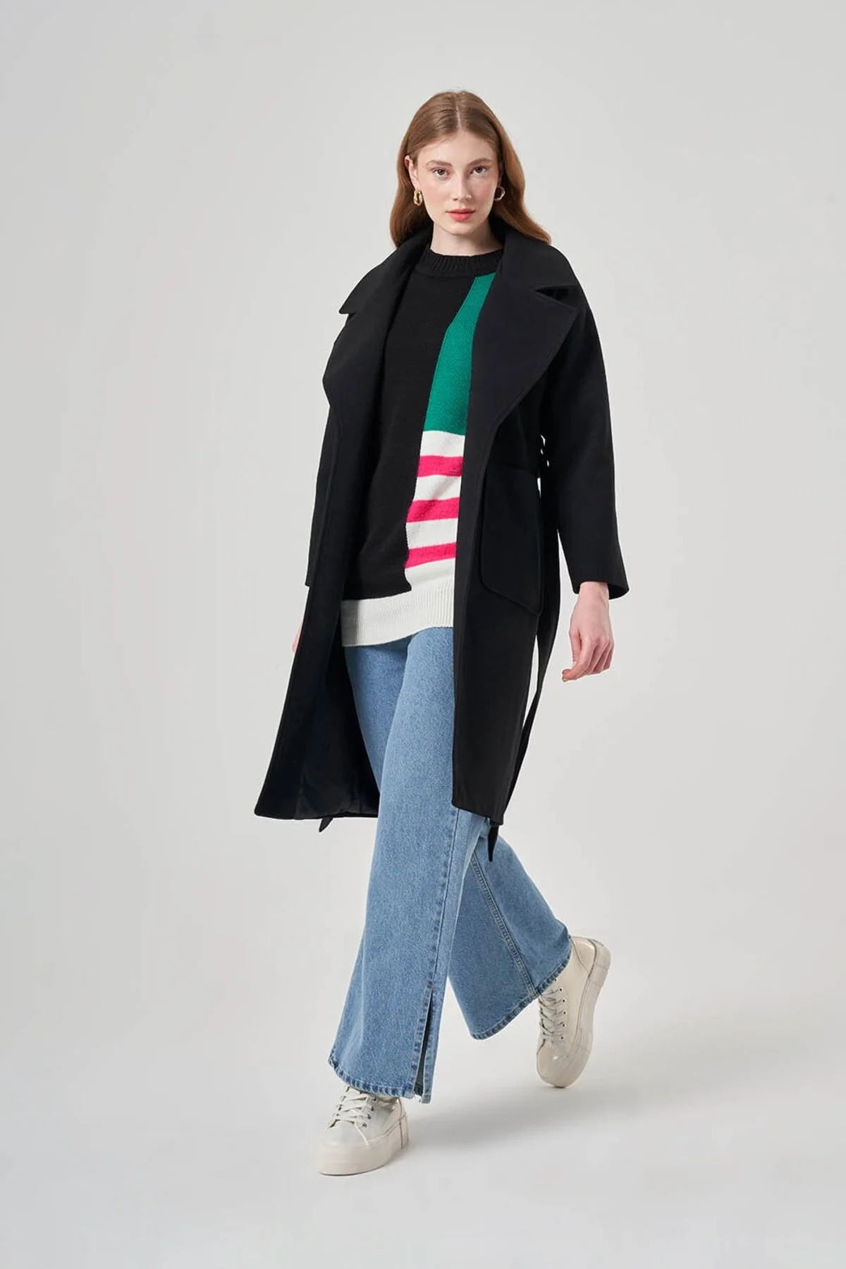 Mizalle Torba Cepli Basıc Kaşe Dokulu Siyah Kaban - Mizalle