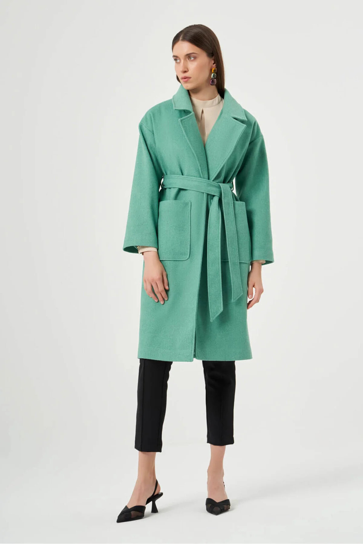 Mizalle Torba Cepli Basıc Kaşe Dokulu Yeşil Kaban - Mizalle