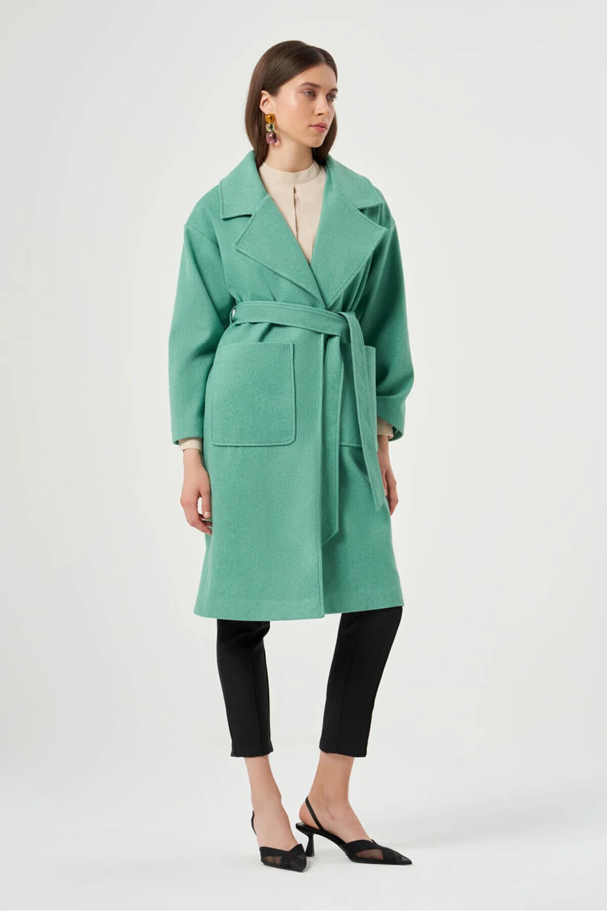 Mizalle Torba Cepli Basıc Kaşe Dokulu Yeşil Kaban - Mizalle