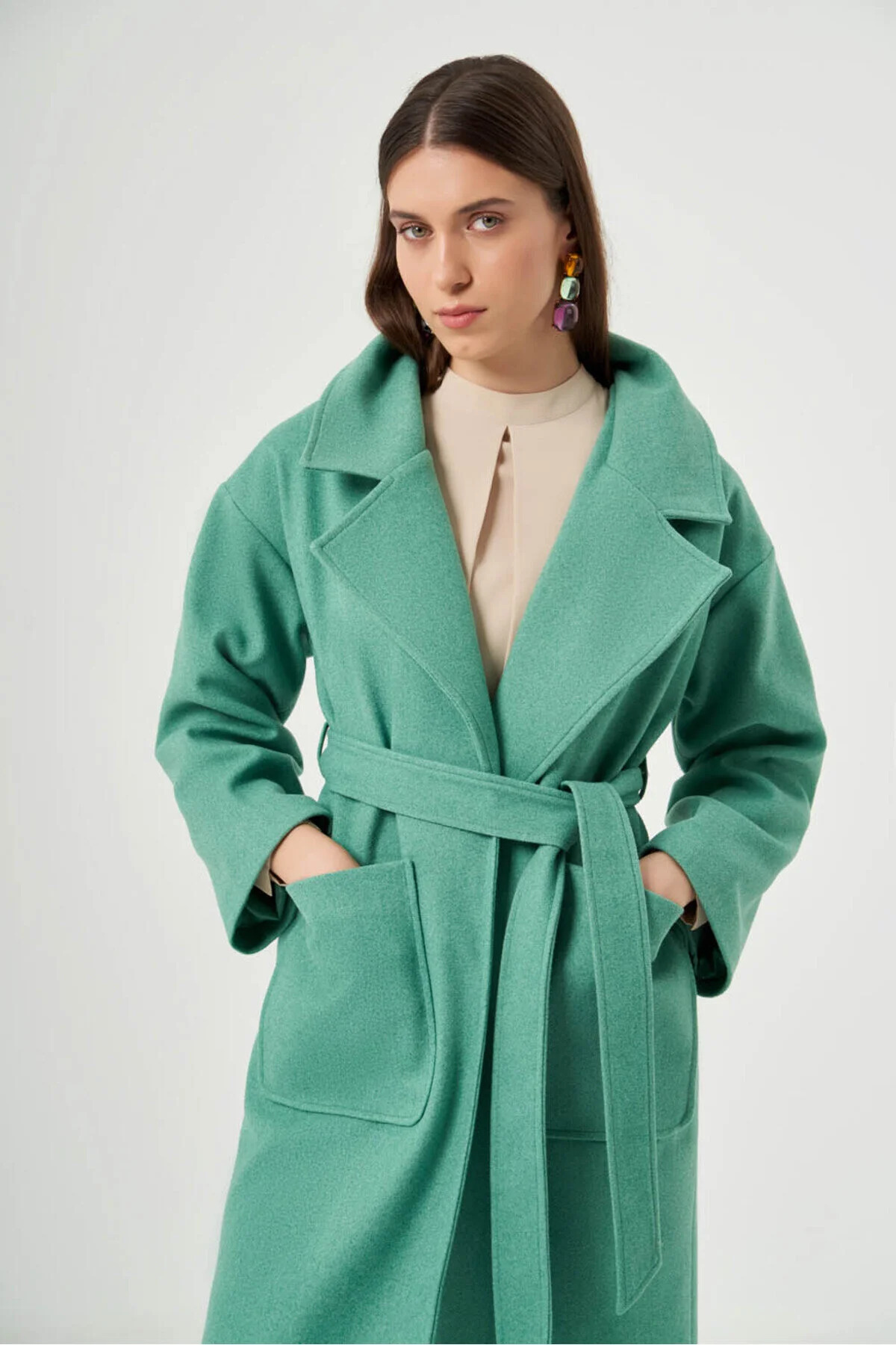 Mizalle Torba Cepli Basıc Kaşe Dokulu Yeşil Kaban - 5