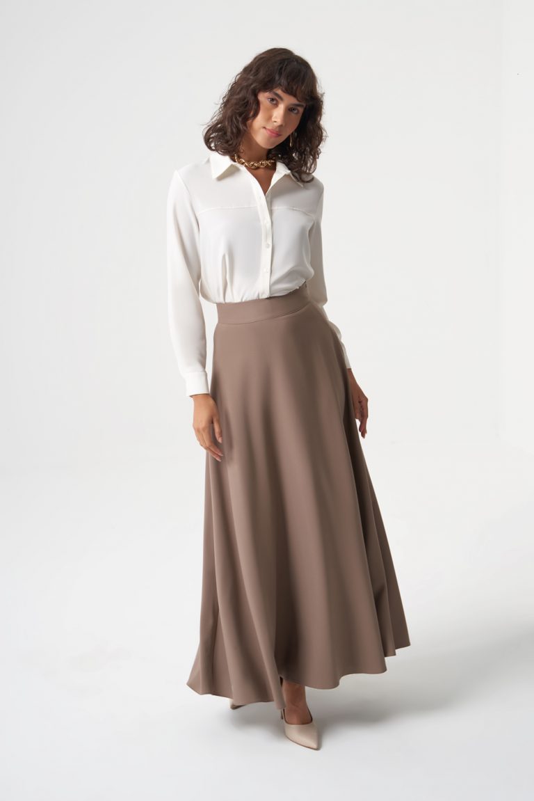 Mizalle Basic Uzun Kloş Bej Rengi Etek - Mizalle