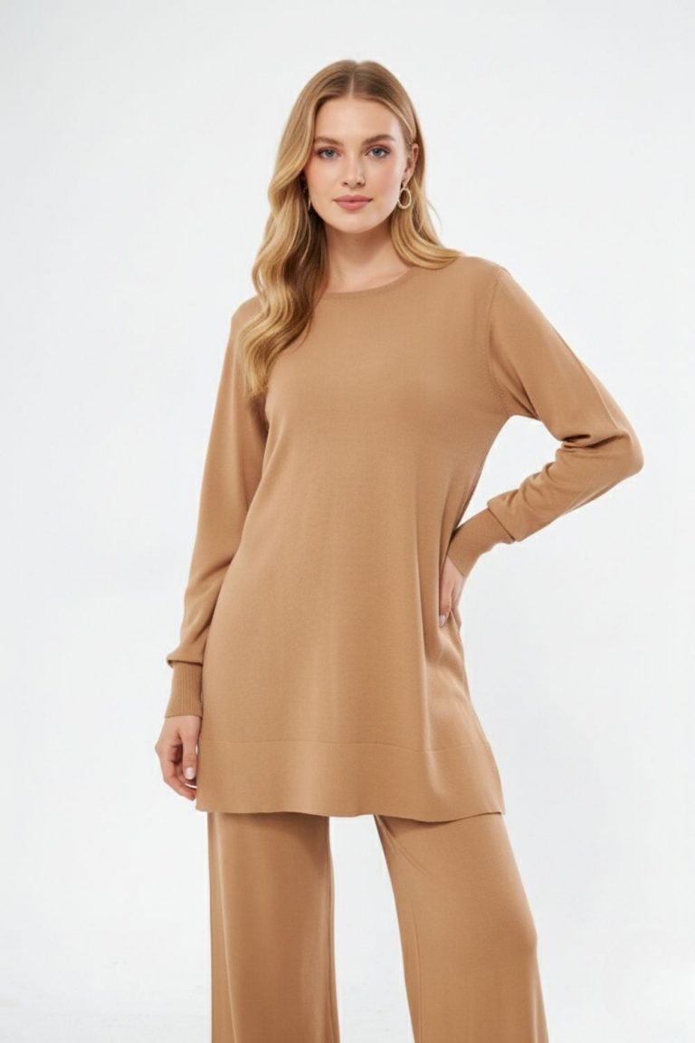 Mizalle Yuvarlak Yaka Camel Uzun Triko Tunik - Mizalle