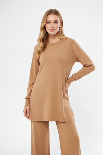 Mizalle - Mizalle Yuvarlak Yaka Camel Uzun Triko Tunik