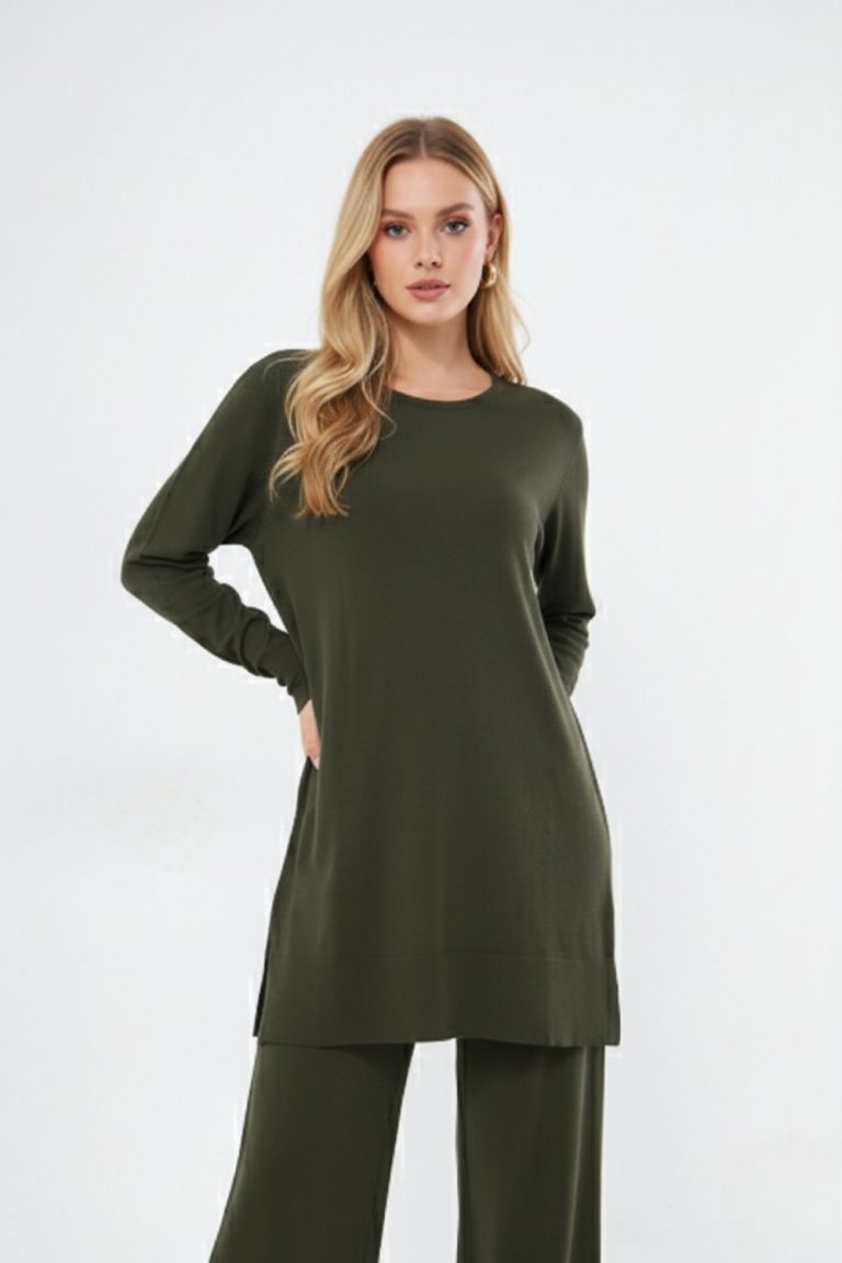 Mizalle Yuvarlak Yaka Haki Uzun Triko Tunik - Mizalle