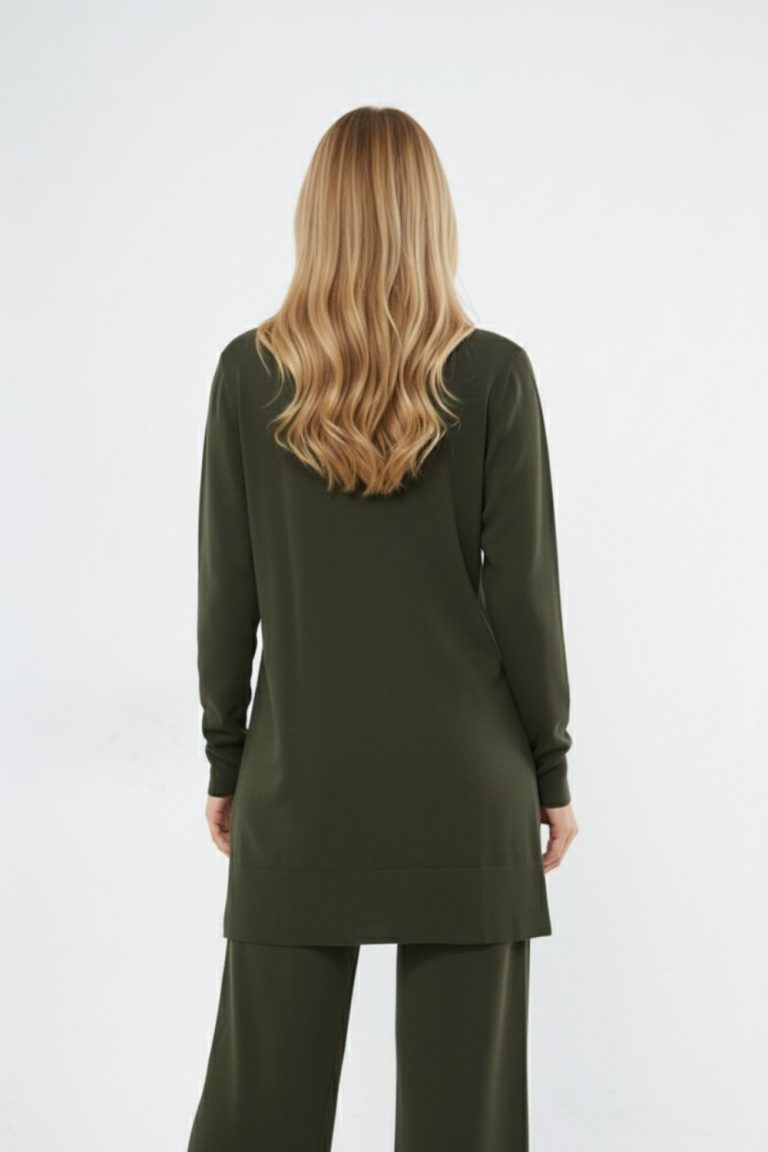 Mizalle Yuvarlak Yaka Haki Uzun Triko Tunik - Mizalle