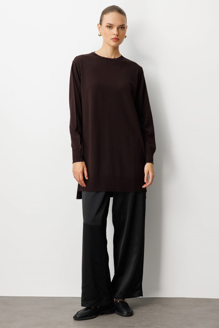 Mizalle Yuvarlak Yaka Kahverengi Uzun Triko Tunik - Mizalle