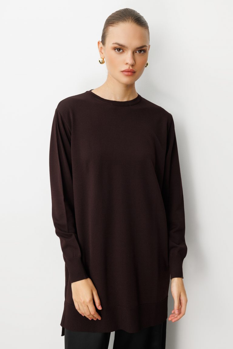 Mizalle Yuvarlak Yaka Kahverengi Uzun Triko Tunik - Mizalle