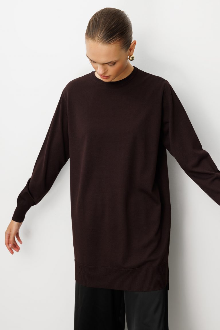 Mizalle Yuvarlak Yaka Kahverengi Uzun Triko Tunik - Mizalle