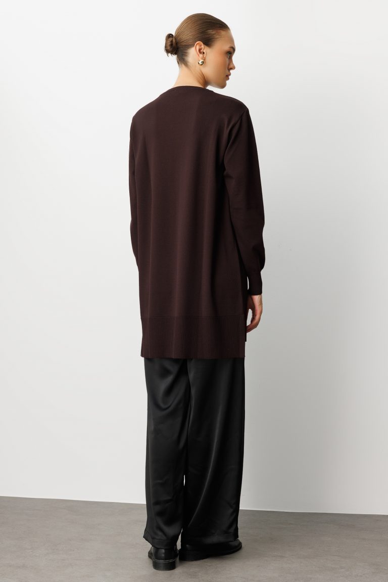 Mizalle Yuvarlak Yaka Kahverengi Uzun Triko Tunik - Mizalle