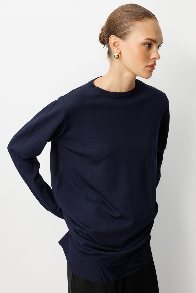 Mizalle Yuvarlak Yaka Lacivert Uzun Triko Tunik - Mizalle