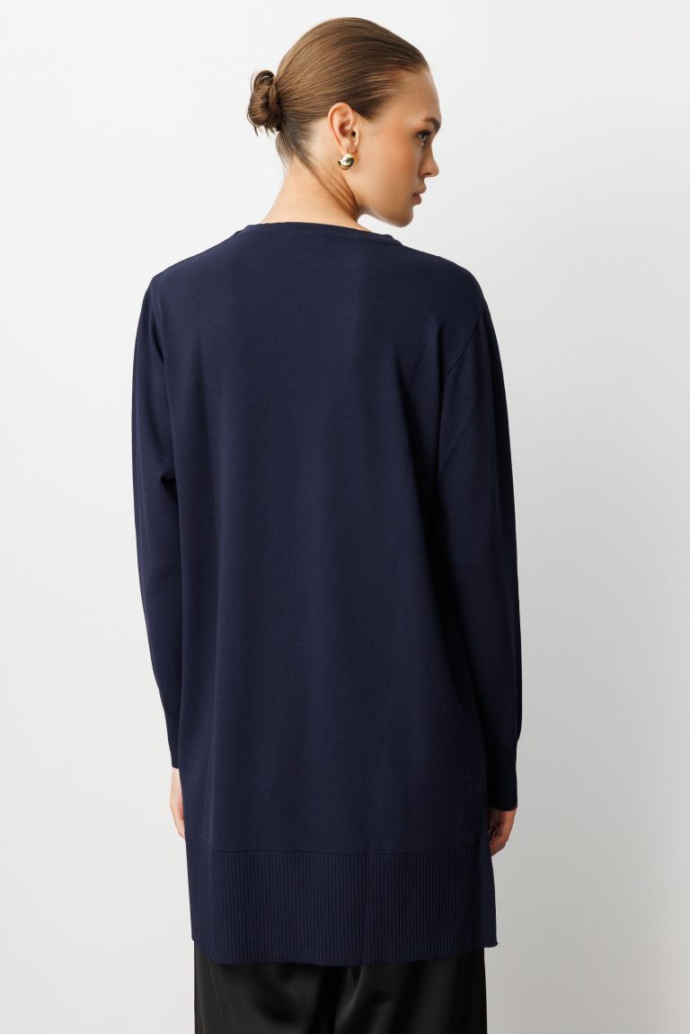 Mizalle Yuvarlak Yaka Lacivert Uzun Triko Tunik - Mizalle