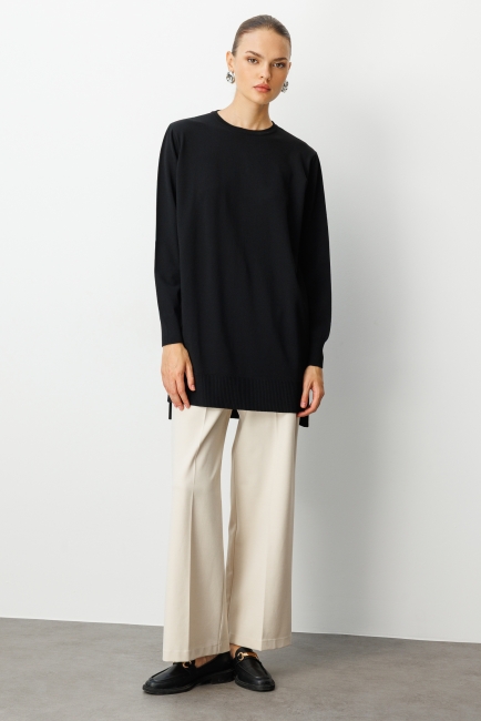 Mizalle - Mizalle Yuvarlak Yaka Siyah Uzun Triko Tunik