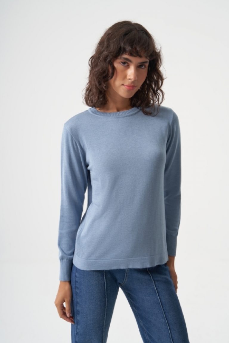 Mizalle Yuvarlak Yaka Basic Açık Mavi Triko Kazak - Mizalle