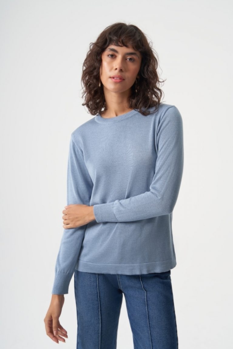 Mizalle Yuvarlak Yaka Basic Açık Mavi Triko Kazak - Mizalle