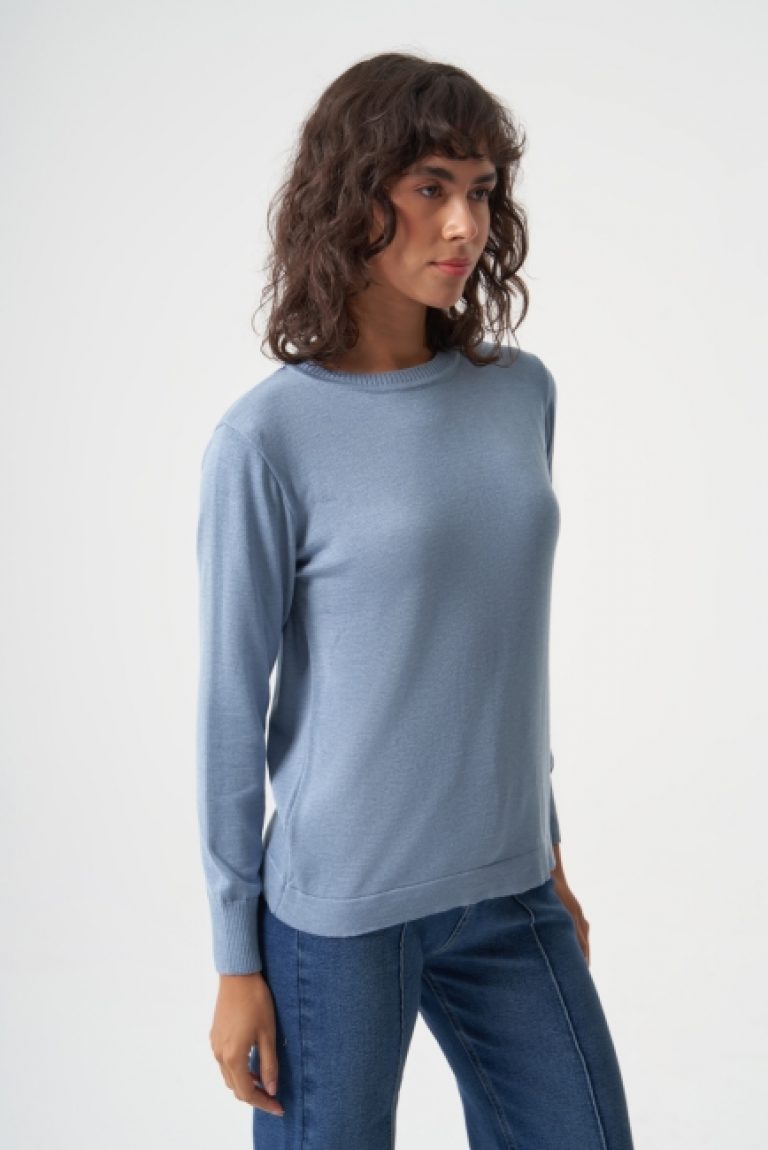 Mizalle Yuvarlak Yaka Basic Açık Mavi Triko Kazak - Mizalle