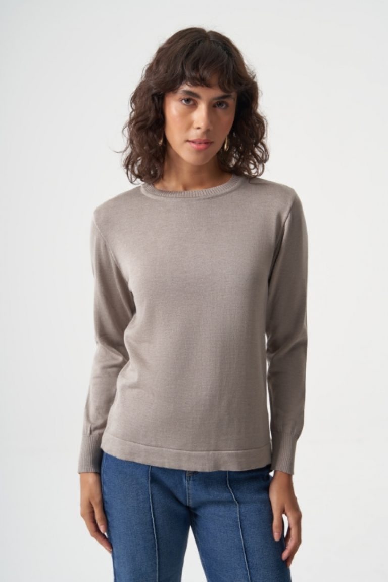 Mizalle Yuvarlak Yaka Basic Gri Triko Kazak - Mizalle