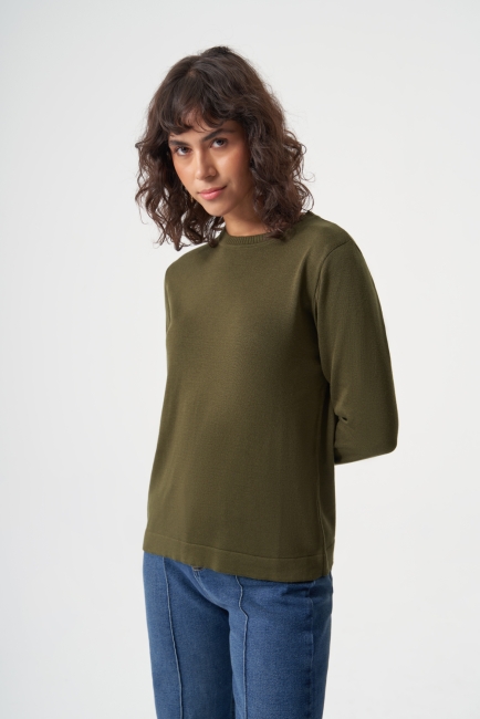 Mizalle - Mizalle Yuvarlak Yaka Basic Haki Triko Kazak Mizalle - Mizalle Yuvarlak Yaka Basic Haki Triko Kazak