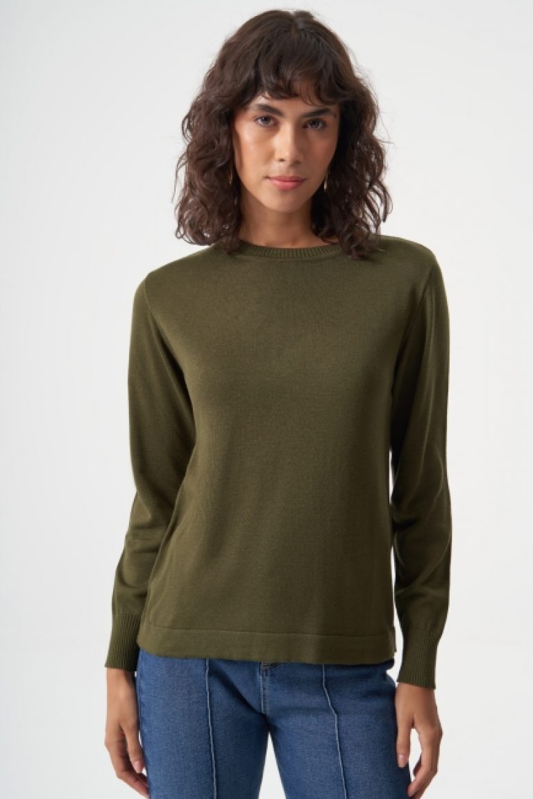 Mizalle Yuvarlak Yaka Basic Haki Triko Kazak - Mizalle