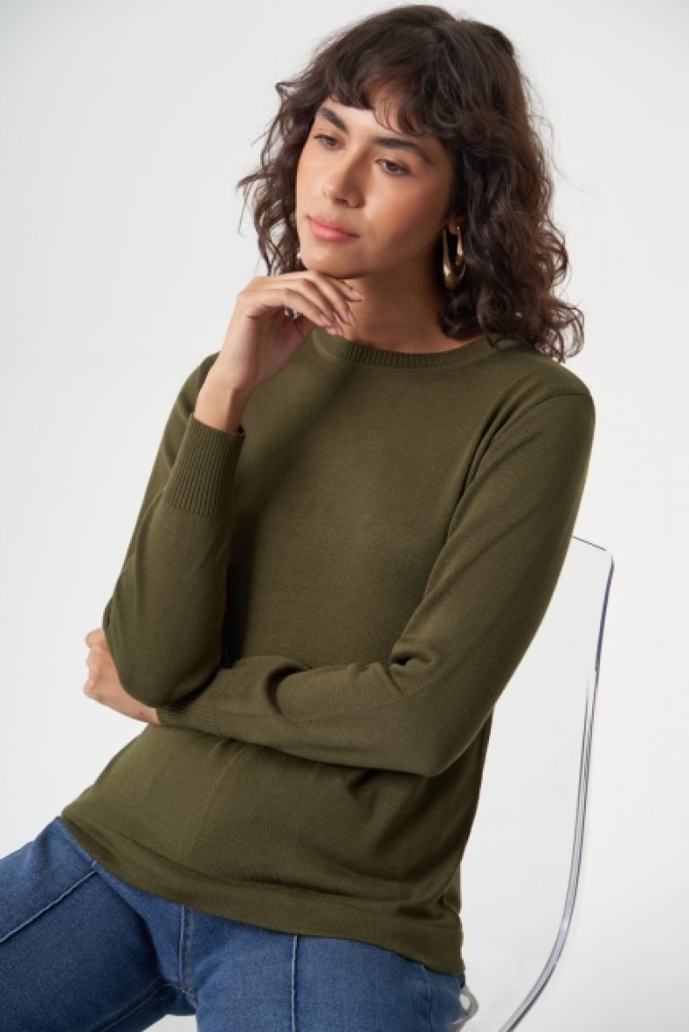 Mizalle Yuvarlak Yaka Basic Haki Triko Kazak - Mizalle