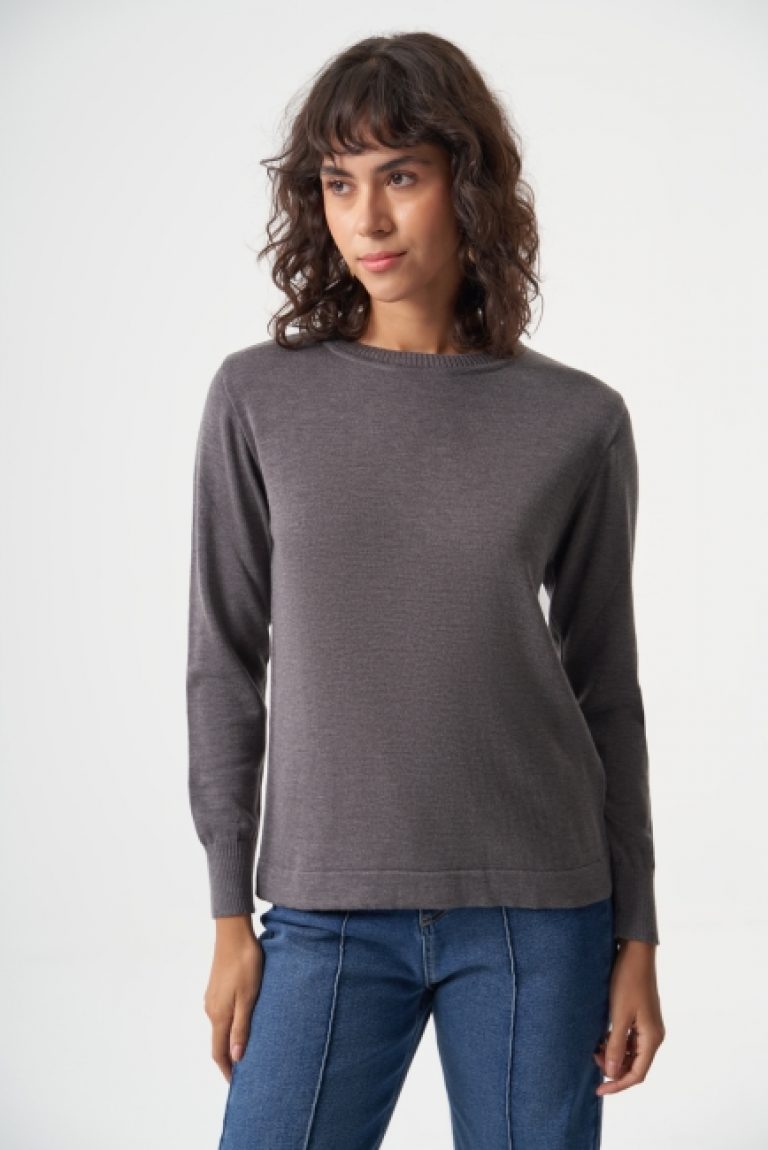 Mizalle Yuvarlak Yaka Basic Koyu Gri Triko Kazak - Mizalle