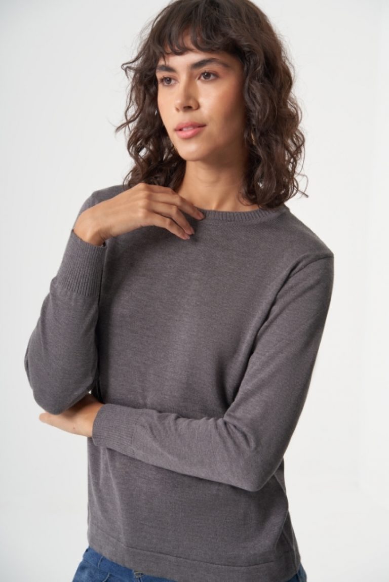 Mizalle Yuvarlak Yaka Basic Koyu Gri Triko Kazak - Mizalle