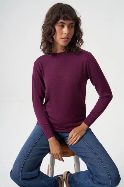 Mizalle Yuvarlak Yaka Basic Mürdüm Triko Kazak - Mizalle