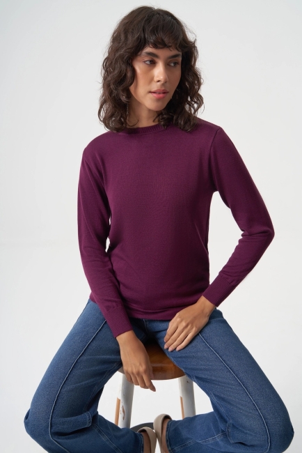 Mizalle - Mizalle Yuvarlak Yaka Basic Mürdüm Triko Kazak Mizalle - Mizalle Yuvarlak Yaka Basic Mürdüm Triko Kazak