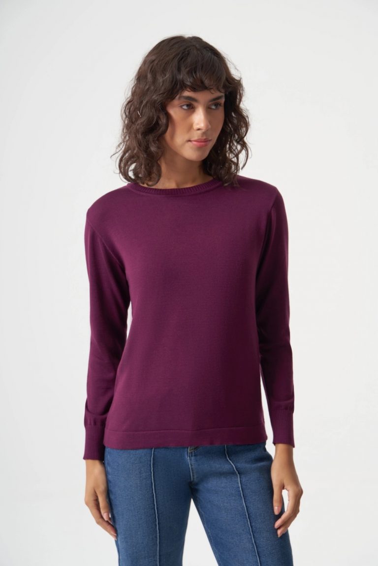 Mizalle Yuvarlak Yaka Basic Mürdüm Triko Kazak - Mizalle