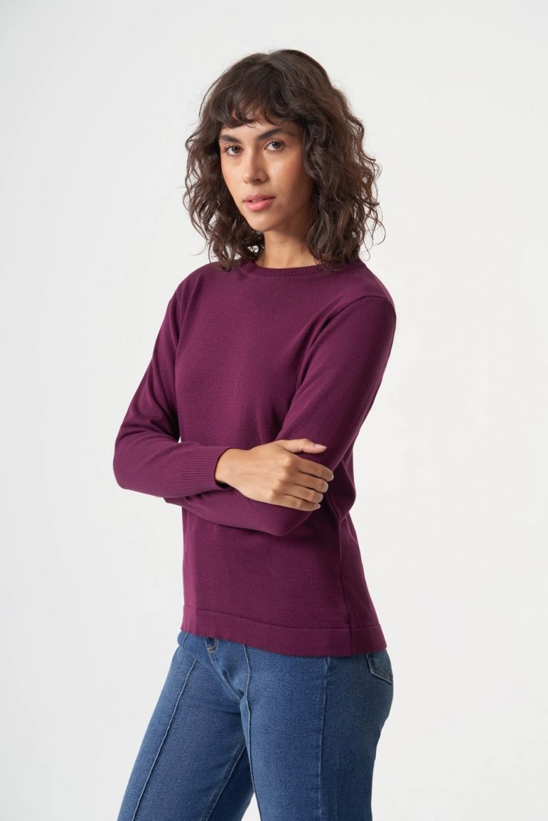 Mizalle Yuvarlak Yaka Basic Mürdüm Triko Kazak - Mizalle