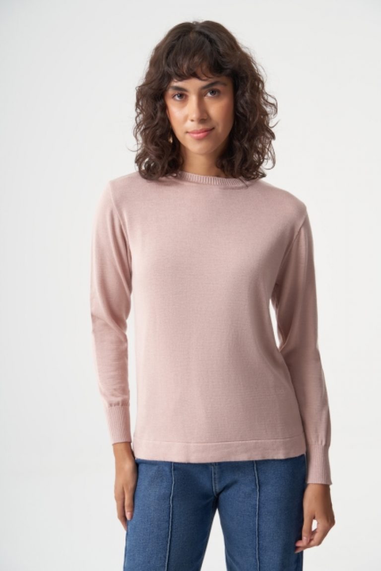 Mizalle Yuvarlak Yaka Basic Pudra Pembe Triko Kazak - Mizalle