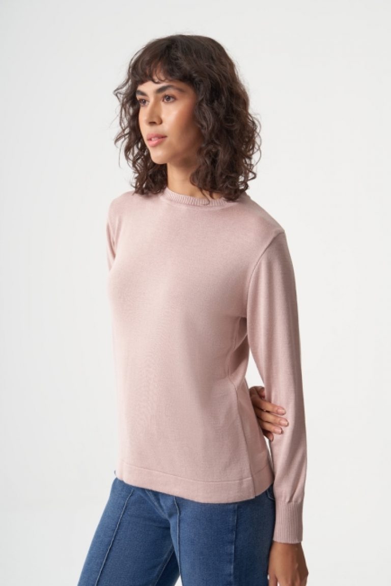 Mizalle Yuvarlak Yaka Basic Pudra Pembe Triko Kazak - Mizalle