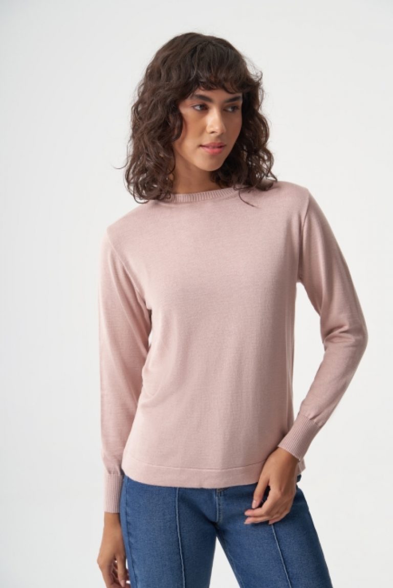 Mizalle Yuvarlak Yaka Basic Pudra Pembe Triko Kazak - Mizalle