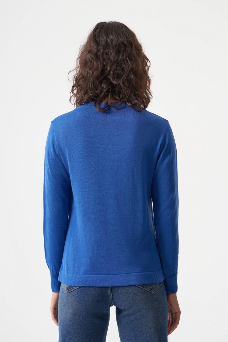 Mizalle Yuvarlak Yaka Basic Saks Mavisi Triko Kazak - Mizalle