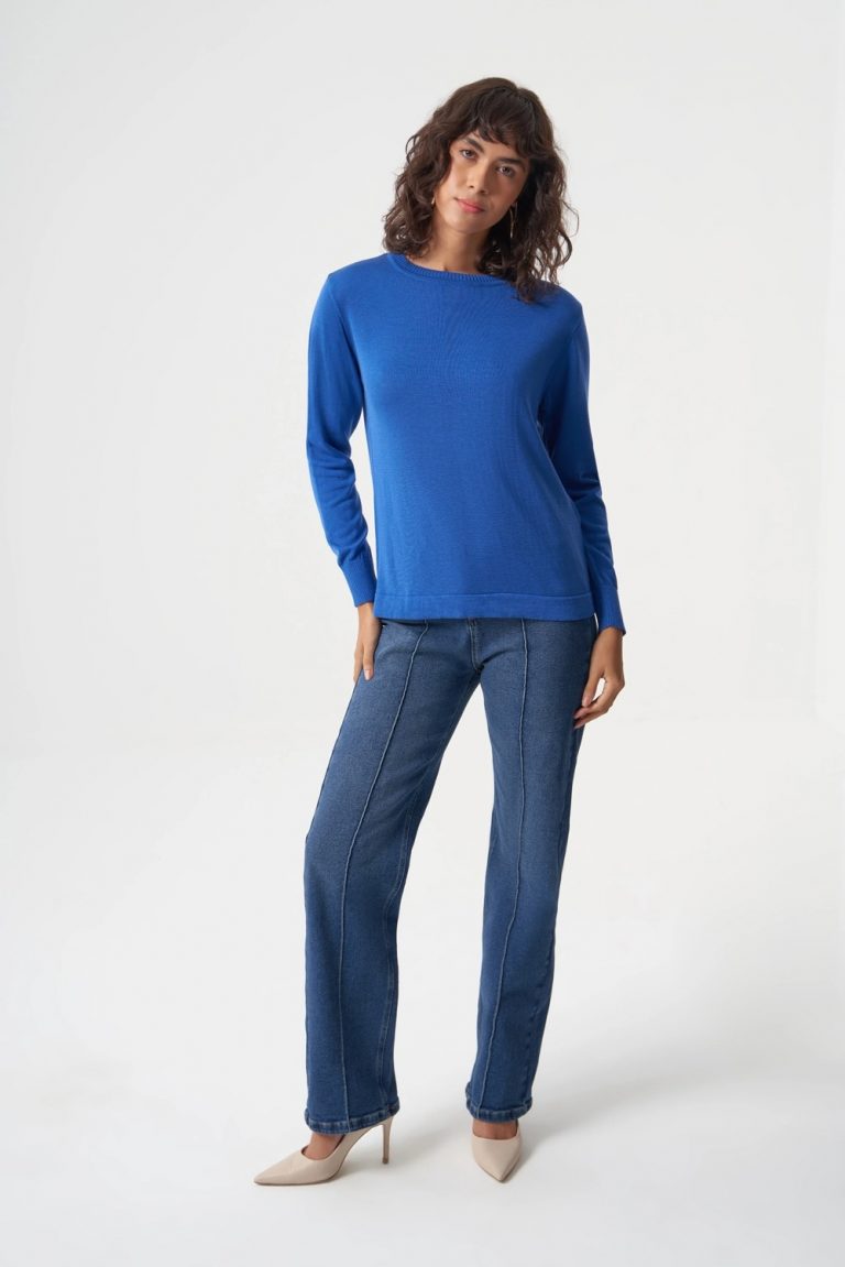 Mizalle Yuvarlak Yaka Basic Saks Mavisi Triko Kazak - Mizalle