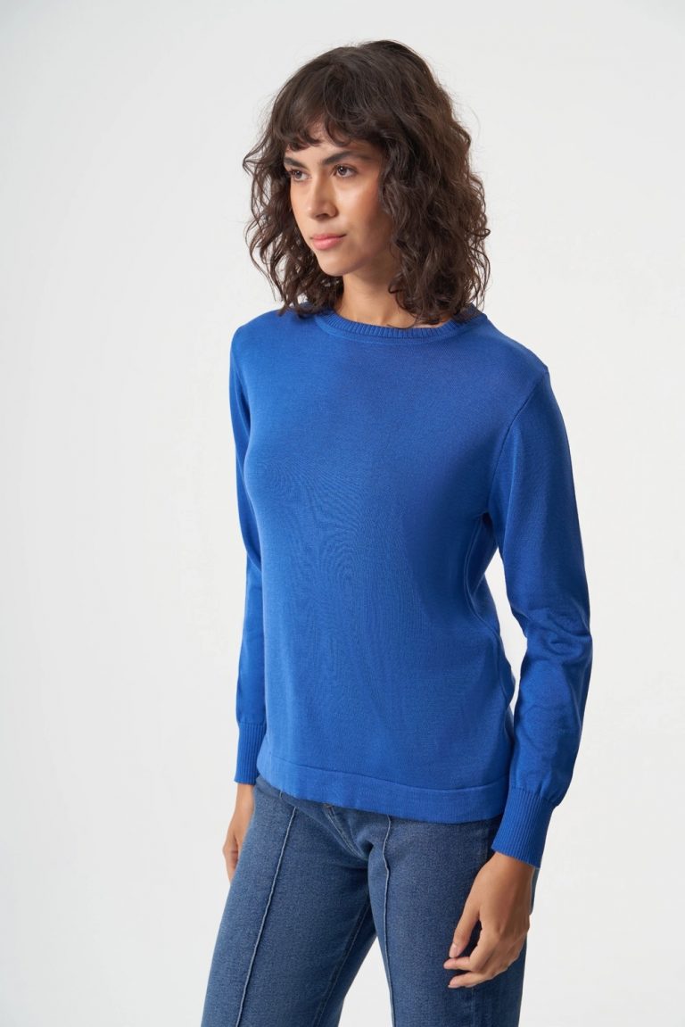 Mizalle Yuvarlak Yaka Basic Saks Mavisi Triko Kazak - Mizalle