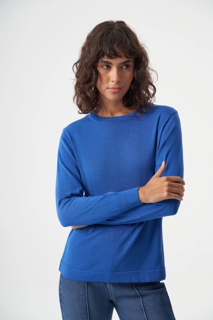 Mizalle - Mizalle Yuvarlak Yaka Basic Saks Mavisi Triko Kazak Mizalle - Mizalle Yuvarlak Yaka Basic Saks Mavisi Triko Kazak