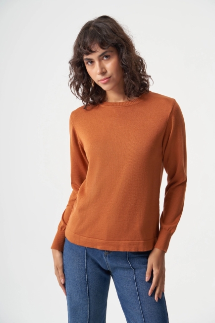 Mizalle - Mizalle Yuvarlak Yaka Basic Taba Rengi Triko Kazak Mizalle - Mizalle Yuvarlak Yaka Basic Taba Rengi Triko Kazak