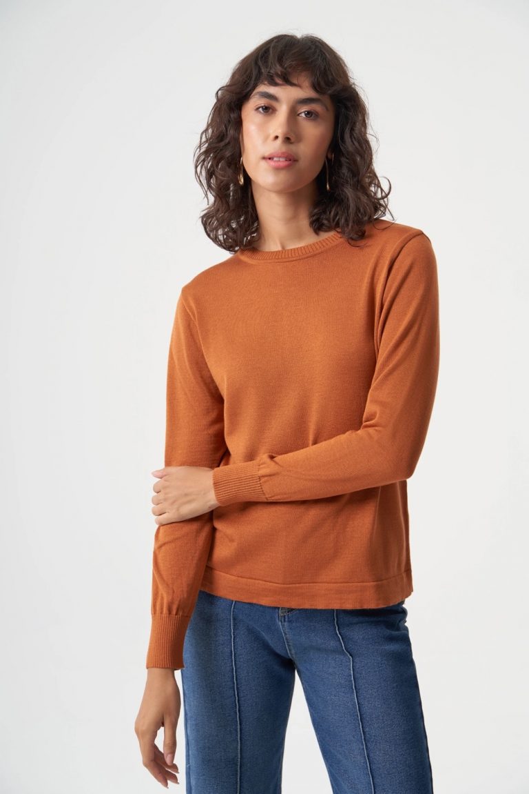 Mizalle Yuvarlak Yaka Basic Taba Rengi Triko Kazak - Mizalle