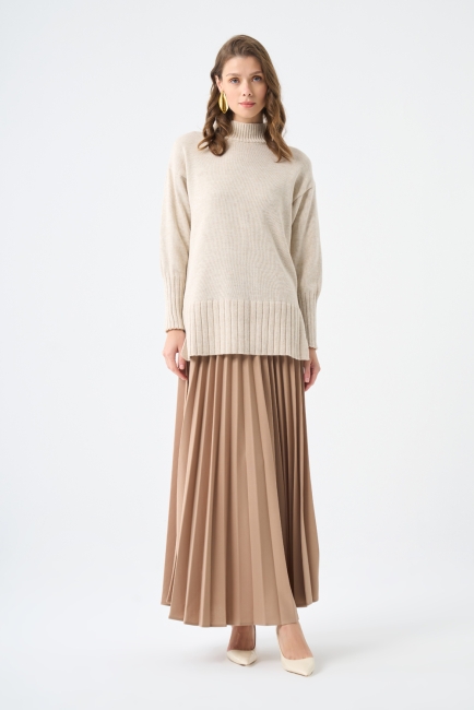 Mizalle - Mizalle Basic Örme Piliseli Bej Rengi Uzun Etek Mizalle - Mizalle Basic Örme Piliseli Bej Rengi Uzun Etek