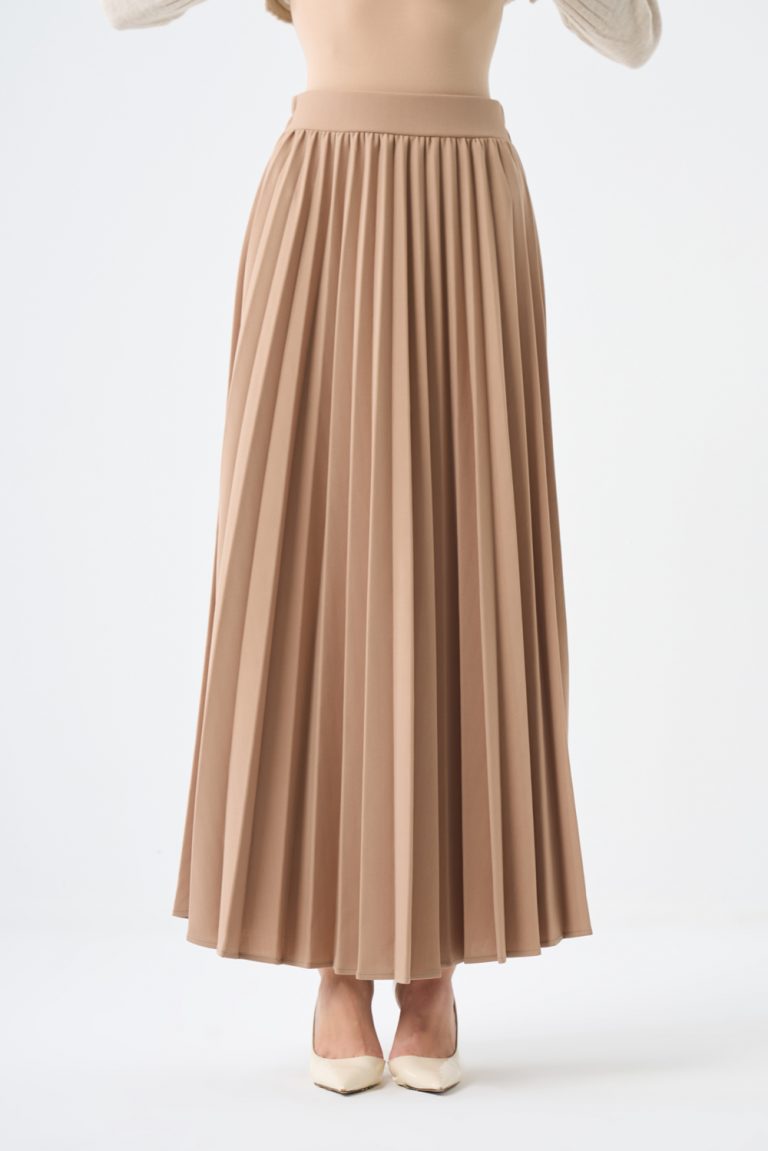 Mizalle Basic Örme Piliseli Bej Rengi Uzun Etek - Mizalle