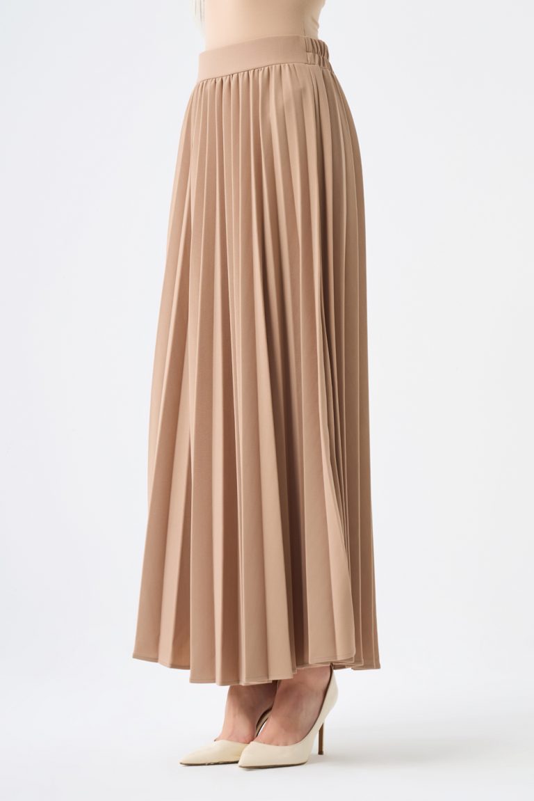 Mizalle Basic Örme Piliseli Bej Rengi Uzun Etek - Mizalle